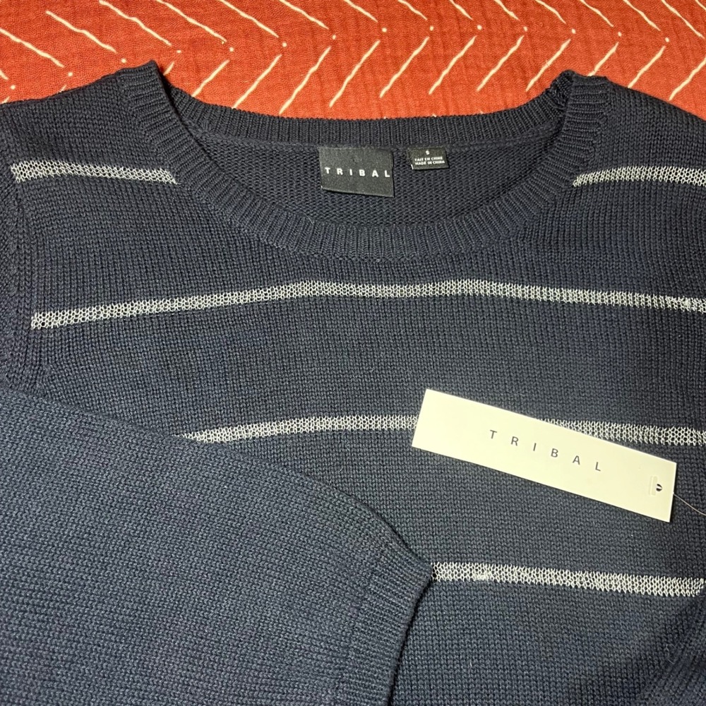 Tribal Navy Blue White Stripe Knit Sweater Pullover Top‎ Size S - Picture 3 of 5